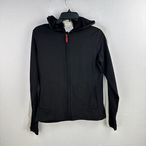 Ann Taylor Loft Jacket Womens Medium Black Cream Nylon Stretch Full Zip‎ Hoodie